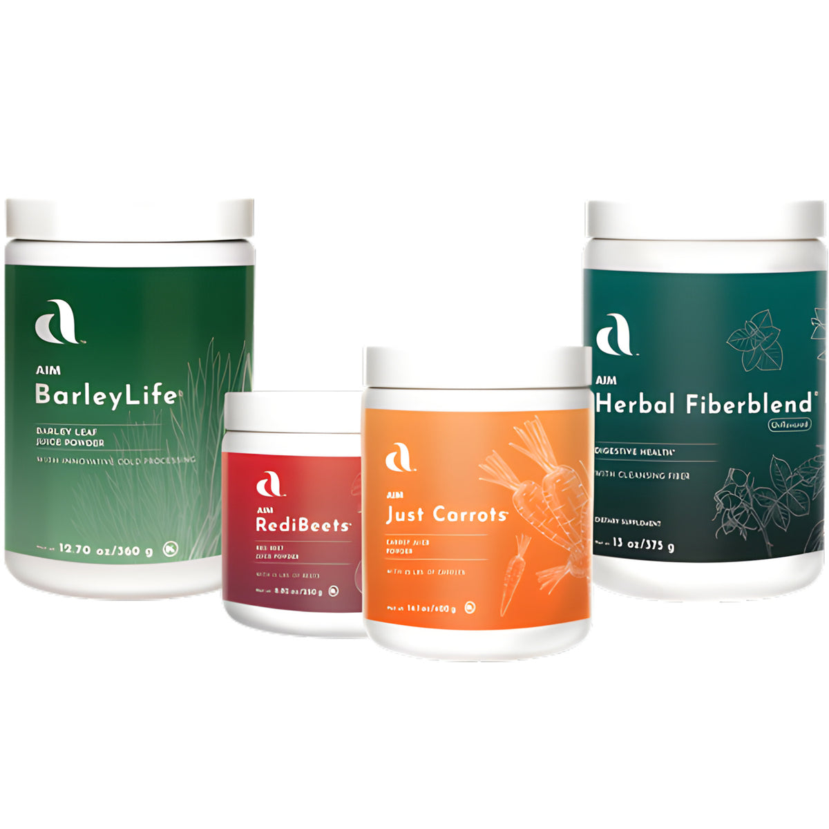 Four white supplement containers from AIM Health arranged on a white background: a large green BarleyLife jar, a smaller red RedBeets jar, an orange Just Carrots jar, and a dark green Herbal Fiberblend jar.