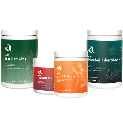 Four white supplement containers from AIM Health arranged on a white background: a large green BarleyLife jar, a smaller red RedBeets jar, an orange Just Carrots jar, and a dark green Herbal Fiberblend jar.
