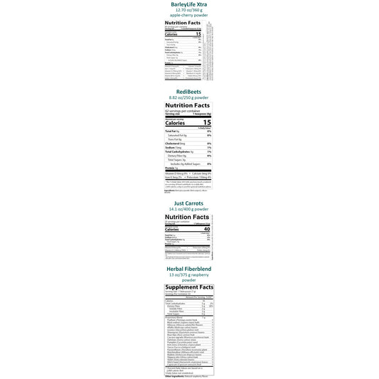 Four vertical supplement nutrition label panels on a white background, labeled Barleykife Xtra, RedBeets, Just Carrots, and Herbal Fibers Blend, with supplement facts and ingredient details.