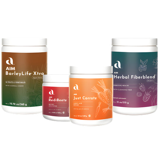 Four white supplement and fiber powder containers from AIM Nutrition on a plain white background: a large BarleyLife Xtra jar, a RedBeets jar, a Just Carrots jar, and a large Herbal Fiberblend jar.