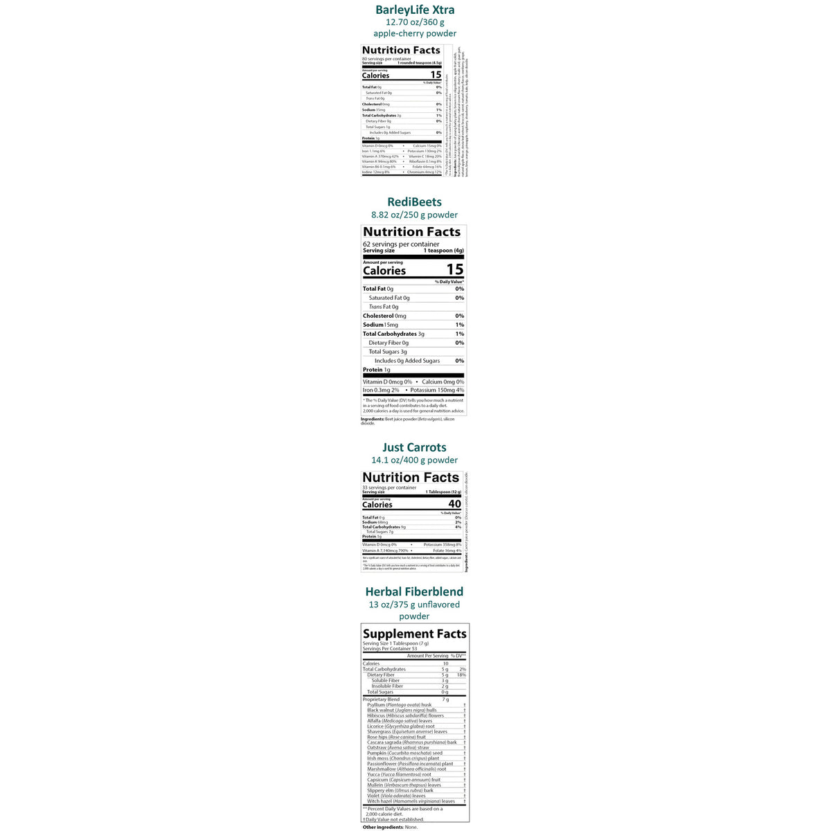 Four vertical supplement nutrition label panels on a white background, labeled Barleykife Xtra, RedBeets, Just Carrots, and Herbal Fibers Blend, with supplement facts and ingredient details.