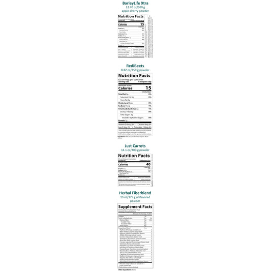 Four vertical supplement nutrition label panels on a white background, labeled Barleykife Xtra, RedBeets, Just Carrots, and Herbal Fibers Blend, with supplement facts and ingredient details.