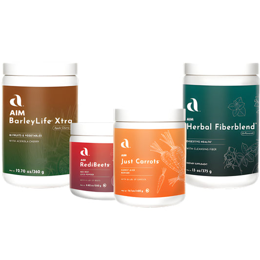Four white supplement containers from AIM Nutrition on a white background: BarleyLife Xtra, RedBeets, Just Carrots, and Herbal Fiberblend.