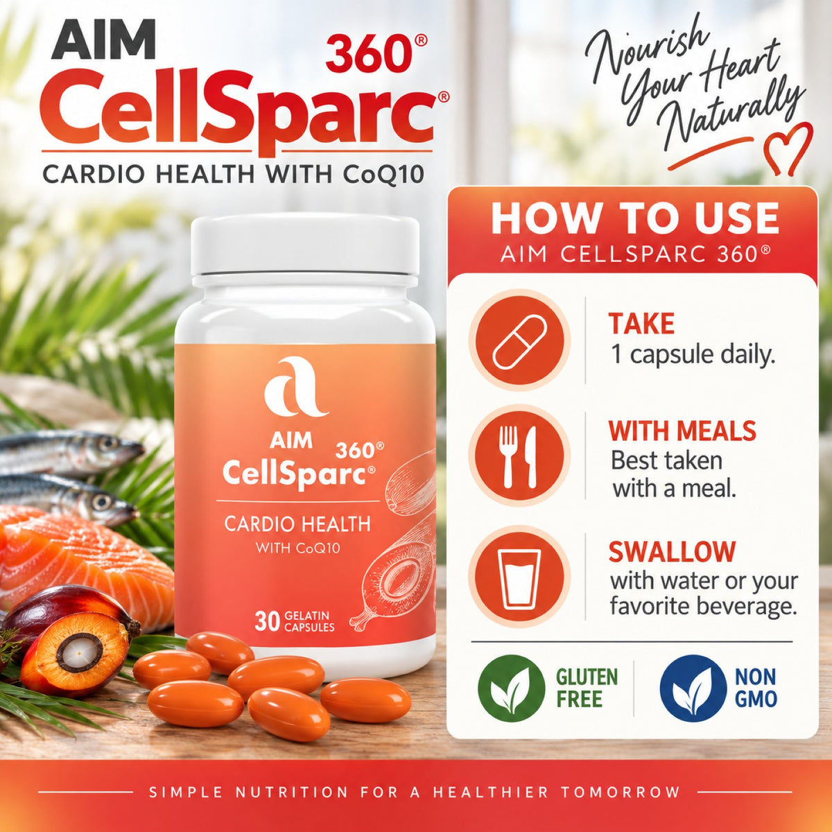 Aim CellSparc 360 Cardio Health supplement bottle and capsules shown on a promotional graphic with salmon, herbs, and a usage panel explaining daily capsule intake, with meals, and with water or beverage.