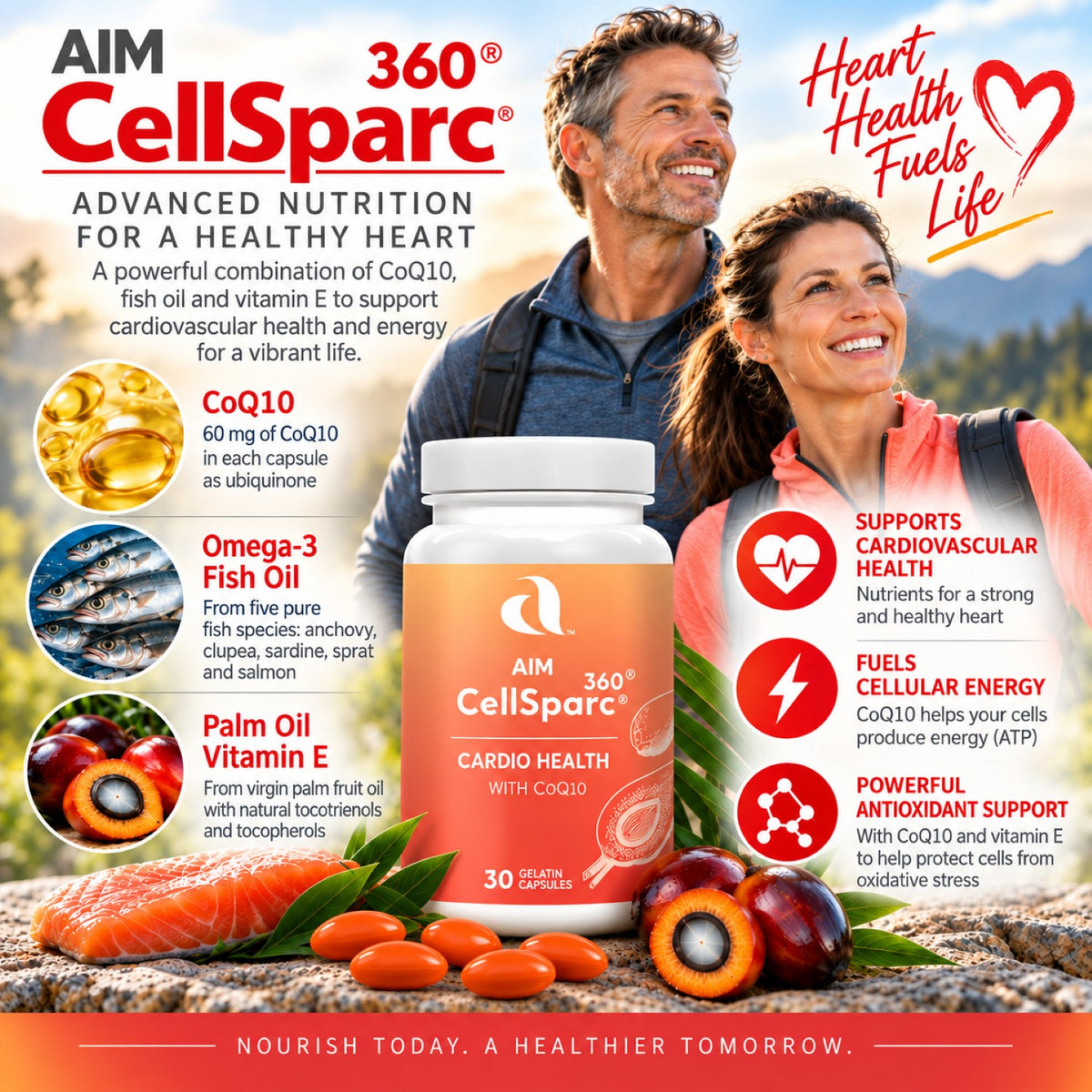 Aim CellSparc 360 Cardio Health supplement with CoQ10 bottle shown on a promotional graphic with a smiling couple in the background, ingredient callouts, and heart-shaped health benefits. The bottle is orange and white, and the image includes salmon, oranges, and fish illustrations.