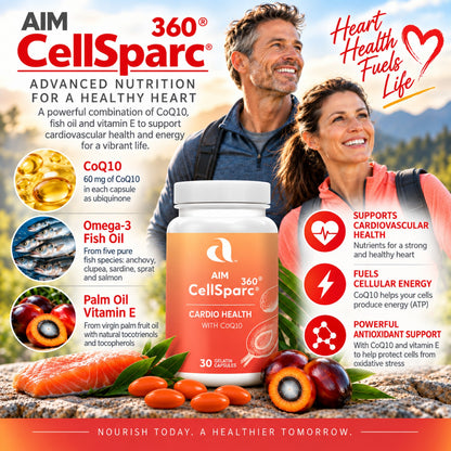 Aim CellSparc 360 Cardio Health supplement with CoQ10 bottle shown on a promotional graphic with a smiling couple in the background, ingredient callouts, and heart-shaped health benefits. The bottle is orange and white, and the image includes salmon, oranges, and fish illustrations.