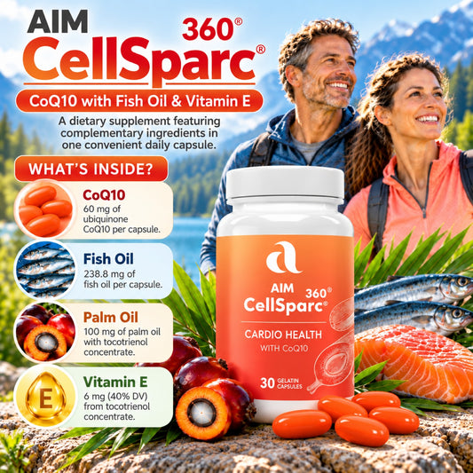 AIM 360 CellSparc CoQ10 with Fish Oil & Vitamin E dietary supplement bottle shown in front of a scenic outdoor background with two smiling hikers, fish, fruit, and informational callouts about ingredients.