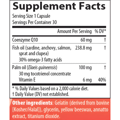 AIM CellSparc 360 supplement facts label showing Coenzyme Q10, Fish oil, Palm oil, and Vitamin E with serving size 1 capsule and 30 servings per container. 