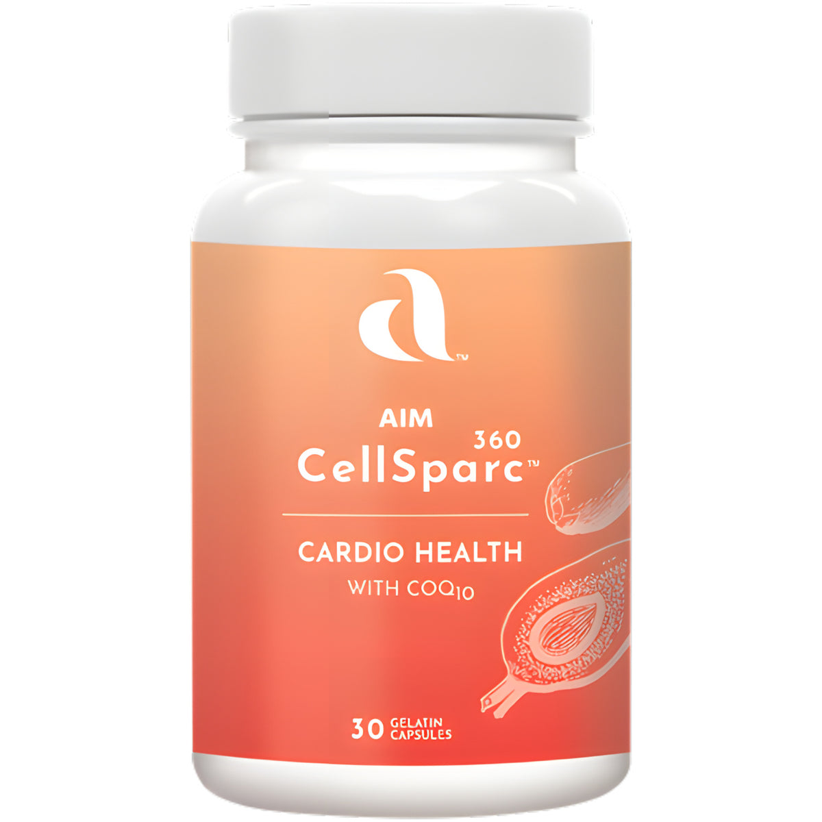 A white plastic bottle of Aim 360 CellSparc dietary supplement with a white cap, featuring a peach-to-red gradient label with white text and illustrations of cacao pods.