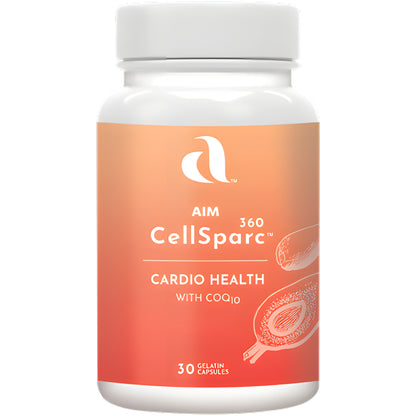 A white plastic bottle of Aim 360 CellSparc dietary supplement with a white cap, featuring a peach-to-red gradient label with white text and illustrations of cacao pods.