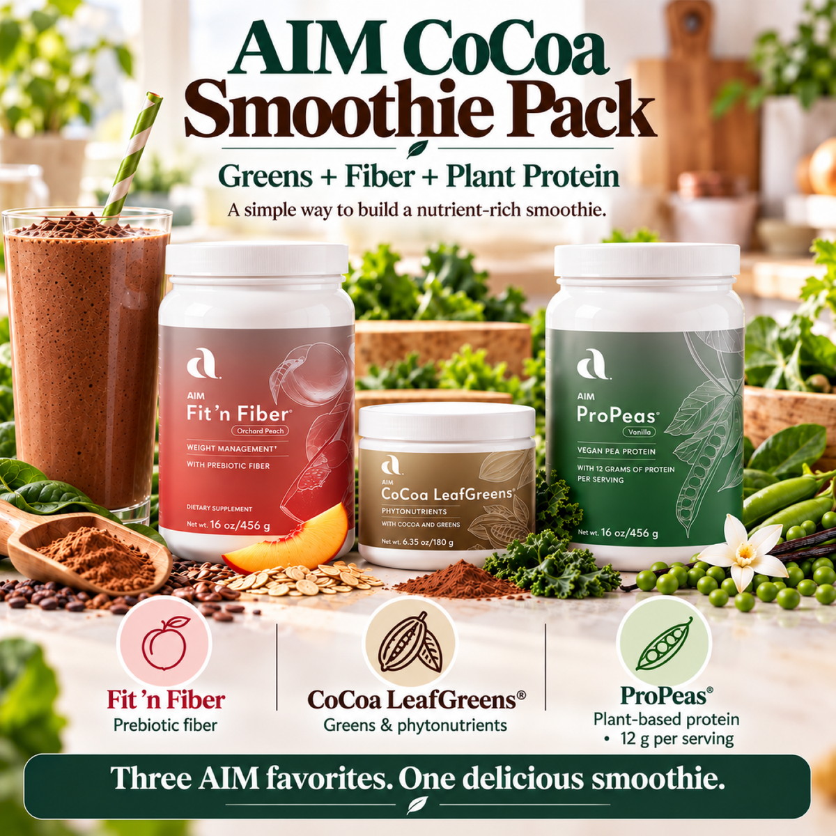 A promotional product graphic for the AIM CoCoa Smoothie Pack, showing three supplement containers: Fit 'n Fiber, CoCoa LeafGreens, and ProPeas, alongside smoothies and fresh greens on a bright kitchen-like background. Large headline text reads 'AIM CoCoa Smoothie Pack' and smaller text describes greens, fiber, and plant protein.