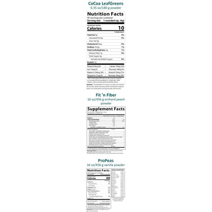 Nutrition Facts for CoCoa LeafGreens and ProPeas, and Supplement Facts for Fit 'n Fiber Orchard Peach, shown vertically.