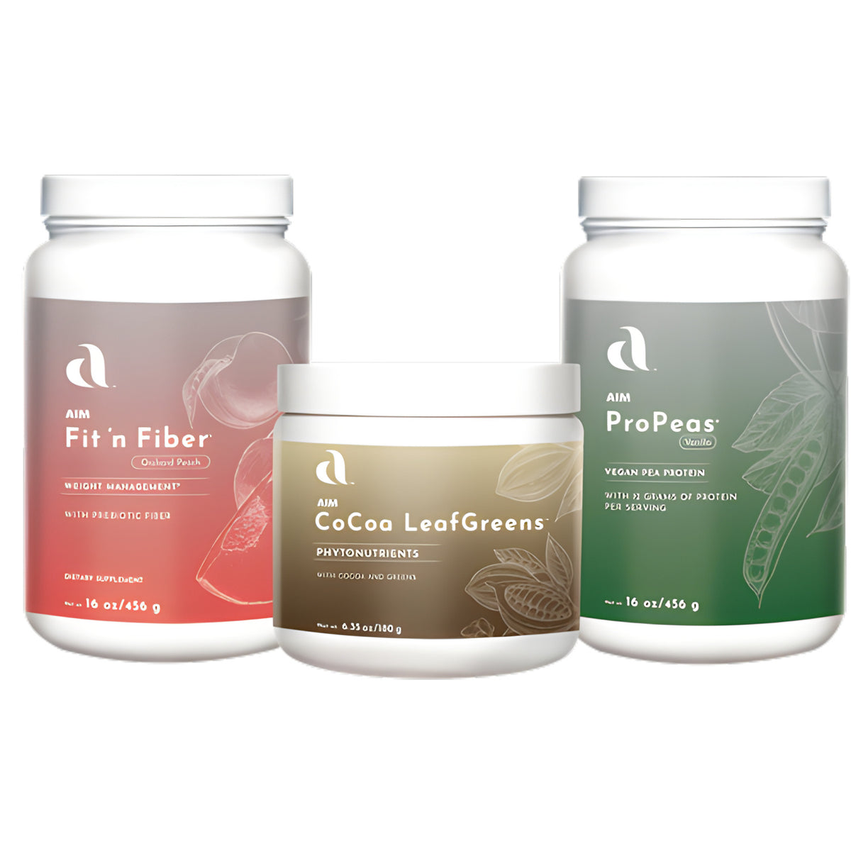 Three white supplement containers from AIM Nutrition on a white background: Fit 'n Fiber in the back left, CoCoa LeafGreens in the center, and ProPeas in the back right.