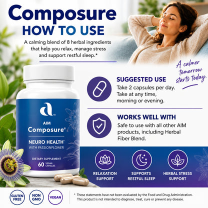 Aim Composeuro dietary supplement bottle on a promotional infographic background with a woman sleeping peacefully, capsules, and text detailing how to use the calming herbal blend.
