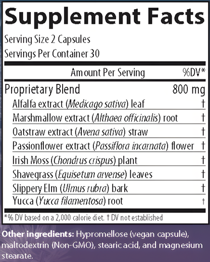A close-up of a supplement facts label showing the 'Proprietary Blend' ingredients, including Alfalfa extract, Marshmallow extract, Oatstraw extract, Passionflower extract, Irish Moss, Shavegrass, Slippery Elm, and Yucca, with a purple section listing other ingredients at the bottom.