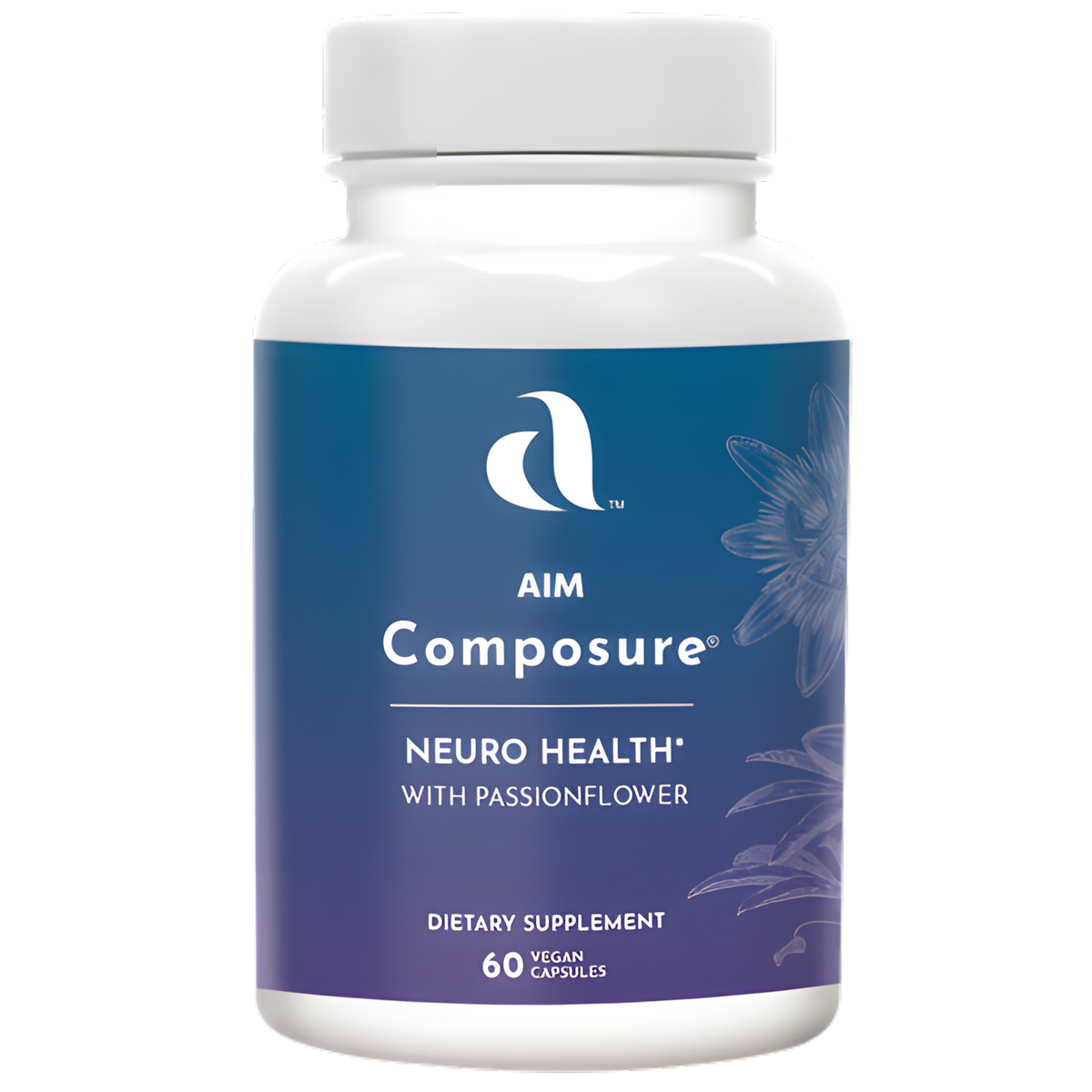 A white plastic bottle of Aim Composure Neuro Health dietary supplement with a blue and purple label, shown on a plain white background.