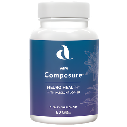 A white plastic bottle of Aim Composure Neuro Health dietary supplement with a blue and purple label, shown on a plain white background.