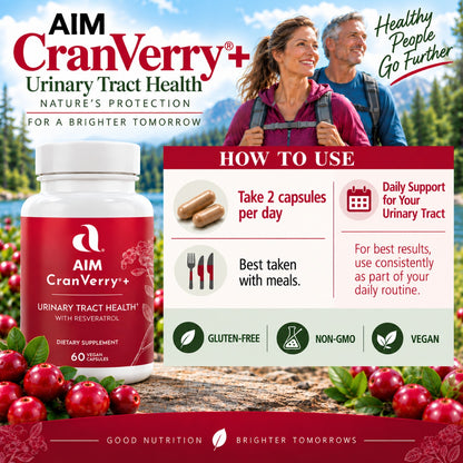 Aim CranVerry+ dietary supplement bottle shown with a scenic outdoor lifestyle background of a couple hiking, along with a detailed 'How to Use' infographic overlay.