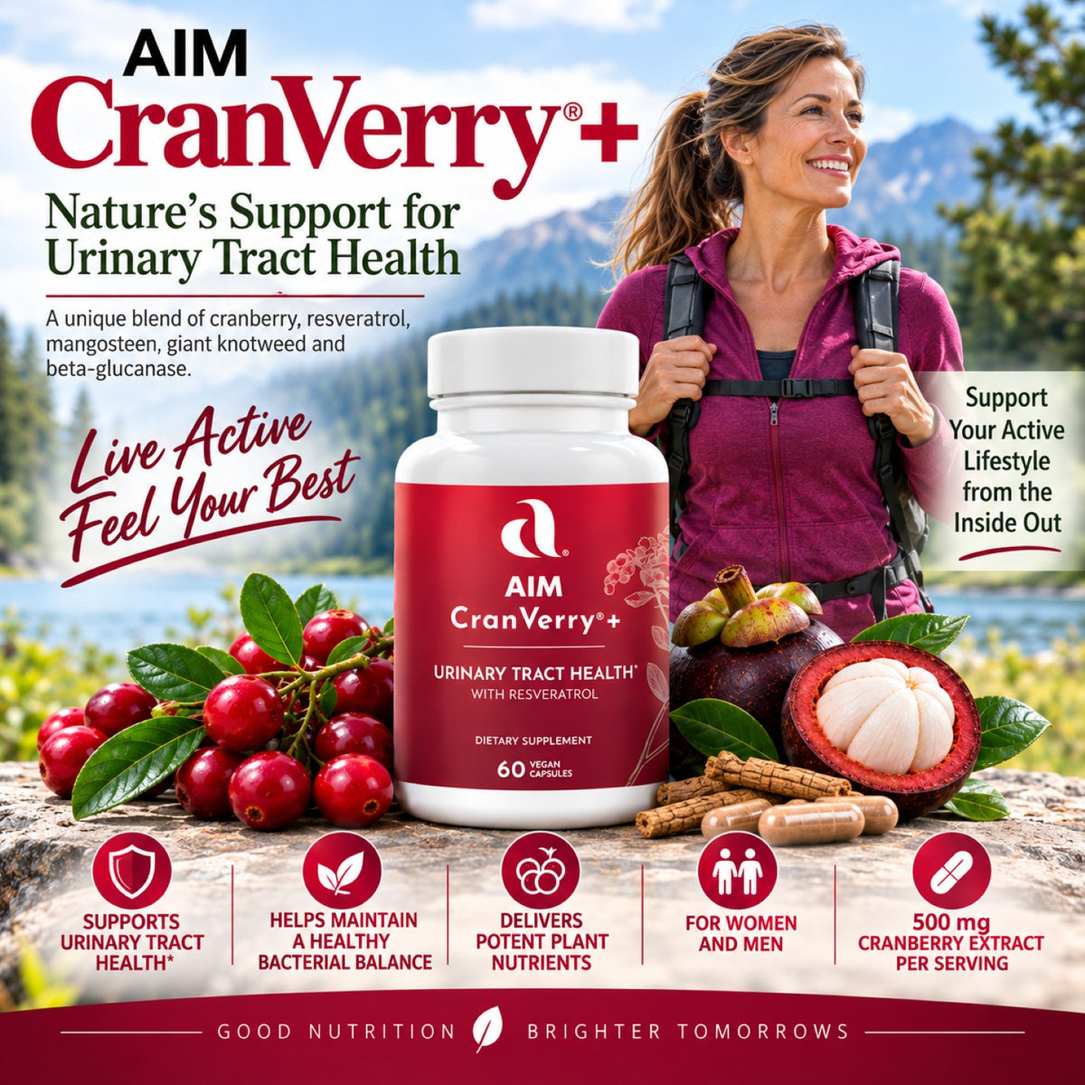Aim CranVerry+ dietary supplement bottle shown in a lifestyle outdoor scene with a smiling woman, cranberries, a sliced mangosteen, and informational text about urinary tract health.