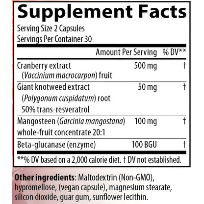 A supplement facts label showing serving size 2 capsules, 30 servings per container, with listed ingredients including cranberry extract, giant knotweed extract, mangosteen, and beta-glucanase. 