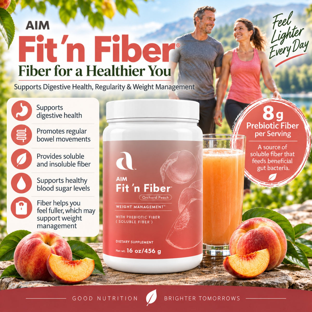 Aim Fit 'n Fiber dietary supplement tub shown in a promotional outdoor-style graphic with two people in the background, fruit, leaves, and text callouts about digestive health, regular bowel movements, soluble and insoluble fiber, and prebiotic fiber. The product itself is a white plastic tub with a pink label.