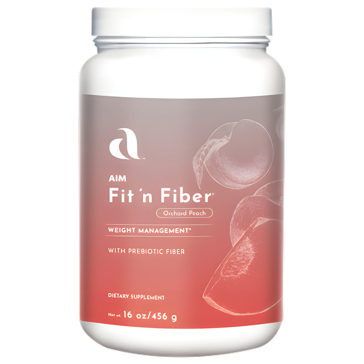 A white plastic jar of Aim Fit 'n Fiber dietary supplement with a peach-colored label, shown on a plain white background.