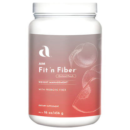A white plastic jar of Aim Fit 'n Fiber dietary supplement with a peach-colored label, shown on a plain white background.