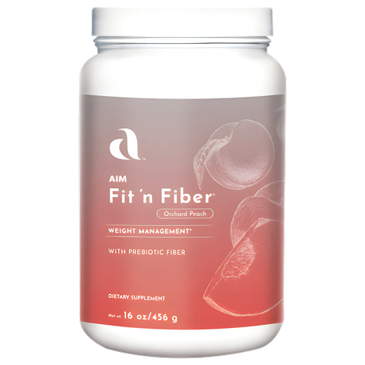 A white plastic jar of Aim Fit 'n Fiber dietary supplement with a peach-colored label, shown on a plain white background.
