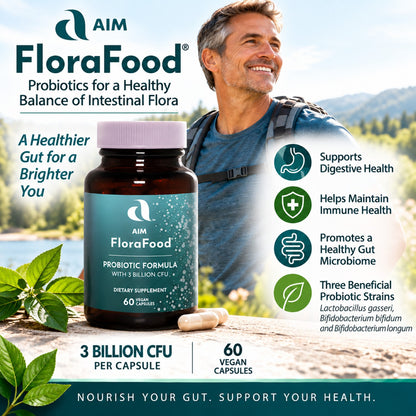 Aim FloraFood probiotic supplement bottle shown in front of a smiling man outdoors, with text callouts about digestive health, immune support, gut microbiome, and three beneficial bacterial strains, including: Lactobacillus gasseri,
Bifidobacterium bifidum,
Bifidobacterium longum