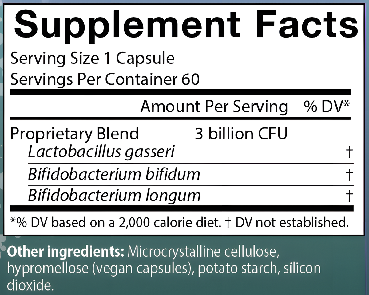 AIM FloraFood supplement facts label showing a 'Supplement Facts' panel with a serving size of 1 capsule, 60 servings per container, and a proprietary blend containing 3 billion CFU of Lactobacillus gasseri, Bifidobacterium bifidum, and Bifidobacterium longum. 