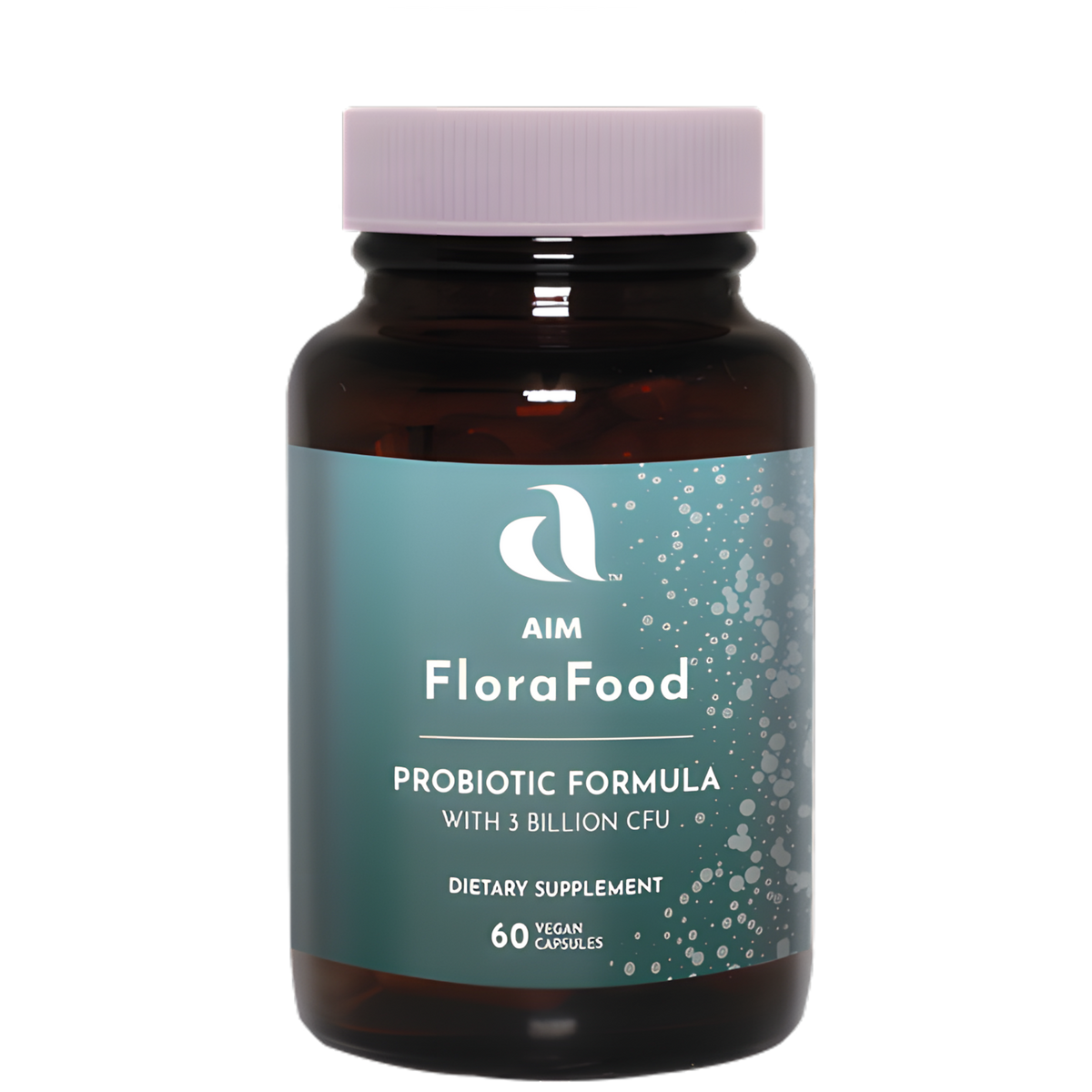 A bottle of Aim FloraFood Probiotic Formula dietary supplement, containing 3 billion CFU.  It contains 60 vegan capsules.