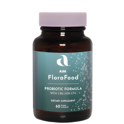 A bottle of Aim FloraFood Probiotic Formula dietary supplement, containing 3 billion CFU.  It contains 60 vegan capsules.