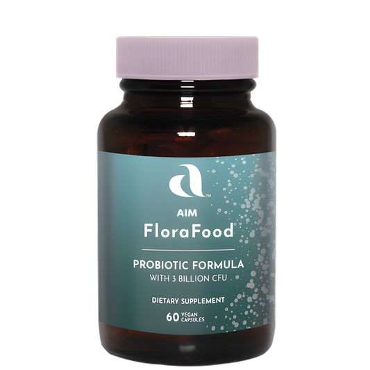 A bottle of Aim FloraFood Probiotic Formula dietary supplement, containing 3 billion CFU.  It contains 60 vegan capsules.