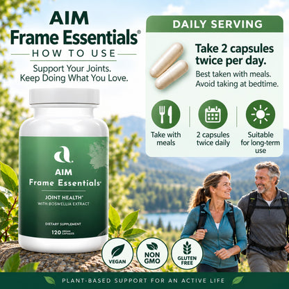 AIM Frame Essentials dietary supplement bottle shown on a scenic outdoor background with a man and woman hiking, plus usage instructions and icons for vegan, non-GMO, and gluten free.