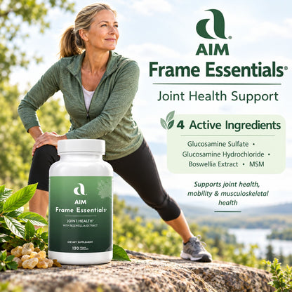 AIM Frame Essentials Joint Health Support supplement bottle shown in front of a woman outdoors on a rock, with product text and ingredient callouts of Glucosamine Sulfate, Glucosamine Hydrochloride, Boswellia Extract, and Methylsulfonylmethane (MSM) on a scenic background.
