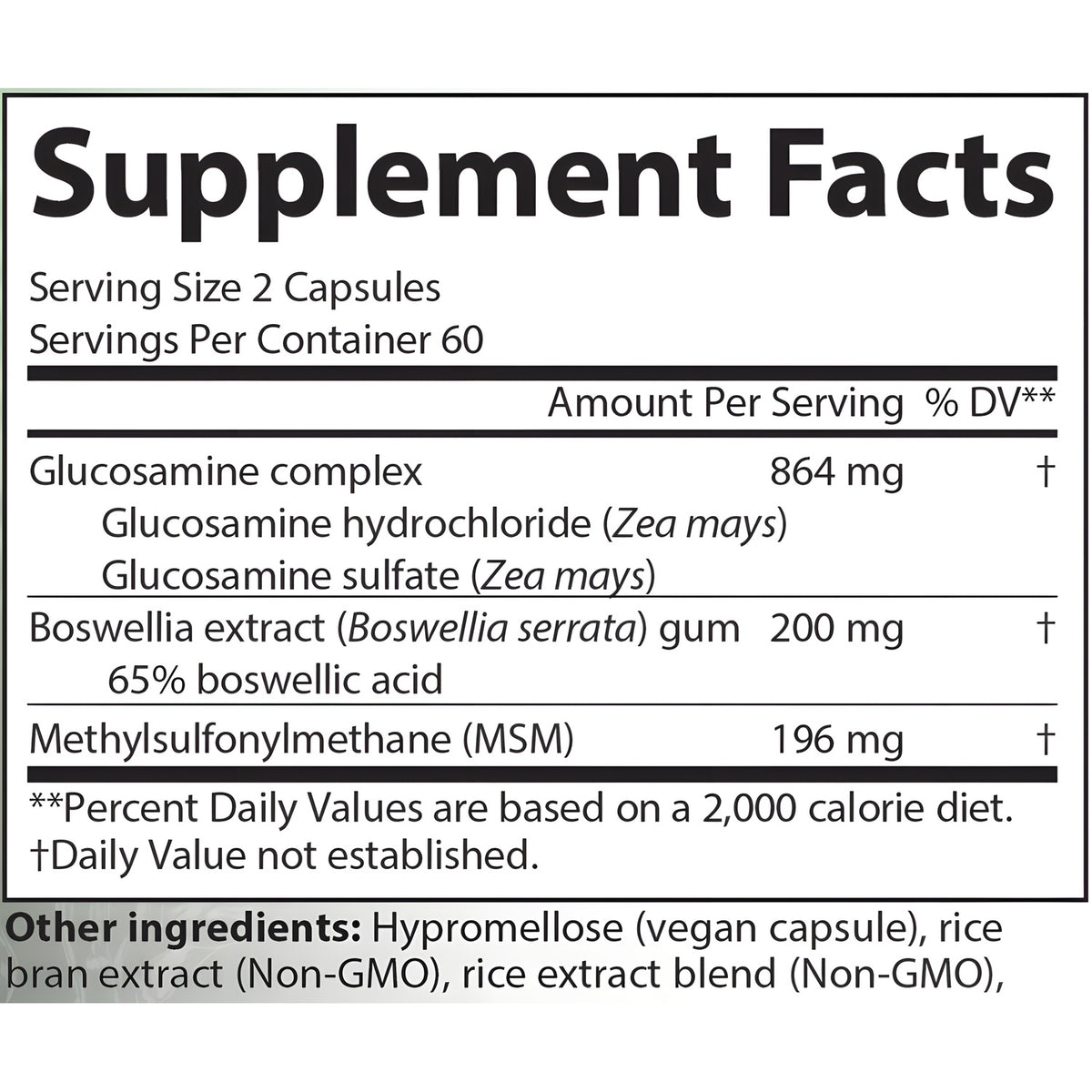 AIM Frame Essentials supplement facts label showing a supplement ingredient list with serving size 2 capsules, 60 servings per container, and listed ingredients including Glucosamine complex, Boswellia extract, and Methylsulfonylmethane (MSM).