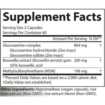 AIM Frame Essentials supplement facts label showing a supplement ingredient list with serving size 2 capsules, 60 servings per container, and listed ingredients including Glucosamine complex, Boswellia extract, and Methylsulfonylmethane (MSM).