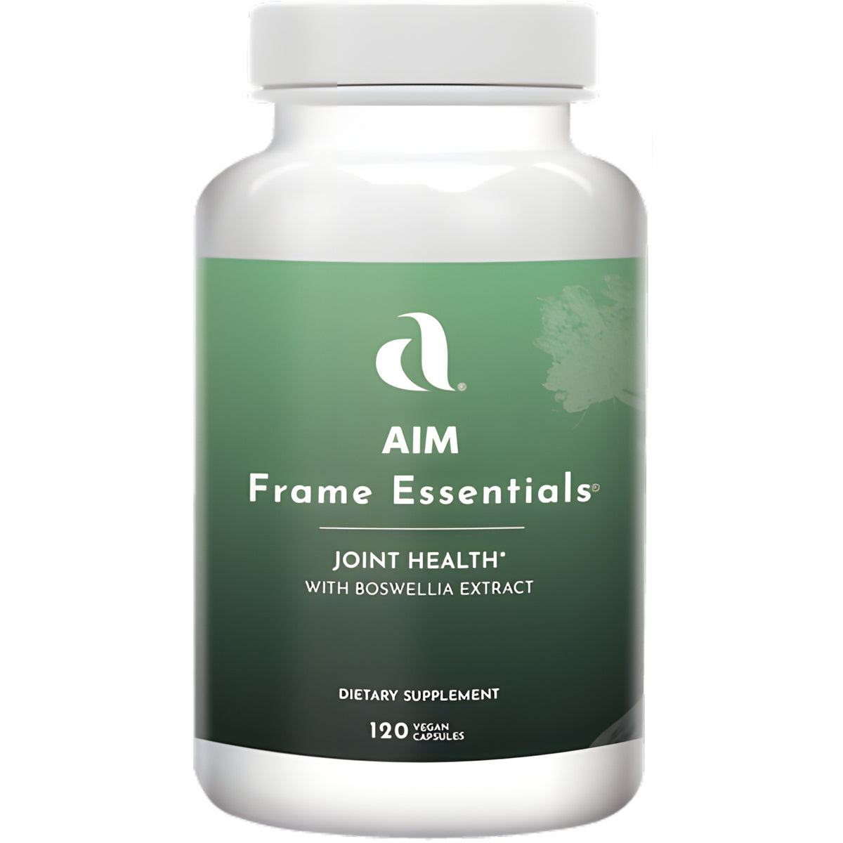 AIM Frame Essentials Joint Health dietary supplement with Boswellia extract in a bottle with a  green label, shown on a plain white background.