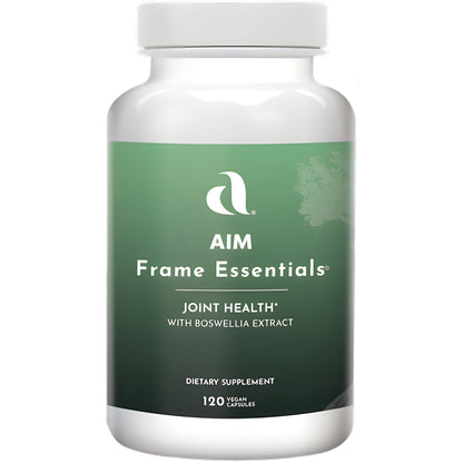 AIM Frame Essentials Joint Health dietary supplement with Boswellia extract in a bottle with a  green label, shown on a plain white background.