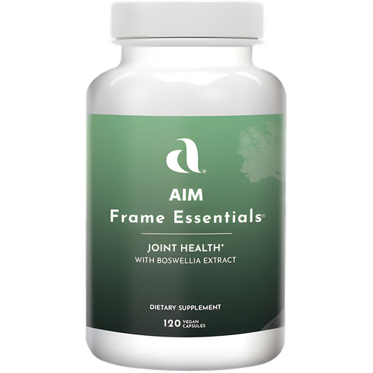 AIM Frame Essentials Joint Health dietary supplement with Boswellia extract in a bottle with a  green label, shown on a plain white background.