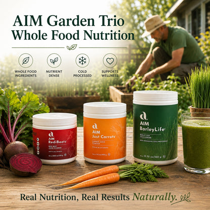Three AIM Garden Trio whole food nutrition supplement tubs displayed on a wooden table with fresh vegetables and a person gardening in the background. The products are AIM RedBeets, AIM Just Carrots, and AIM BarleyLife.