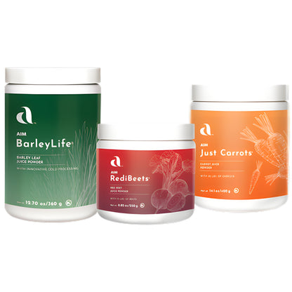 Three white supplement tubs with white lids on a plain white background: a large green-labeled AIM BarleyLife container, a smaller red-labeled AIM RediBeets container in the center, and a large orange-labeled AIM Just Carrots container on the right.