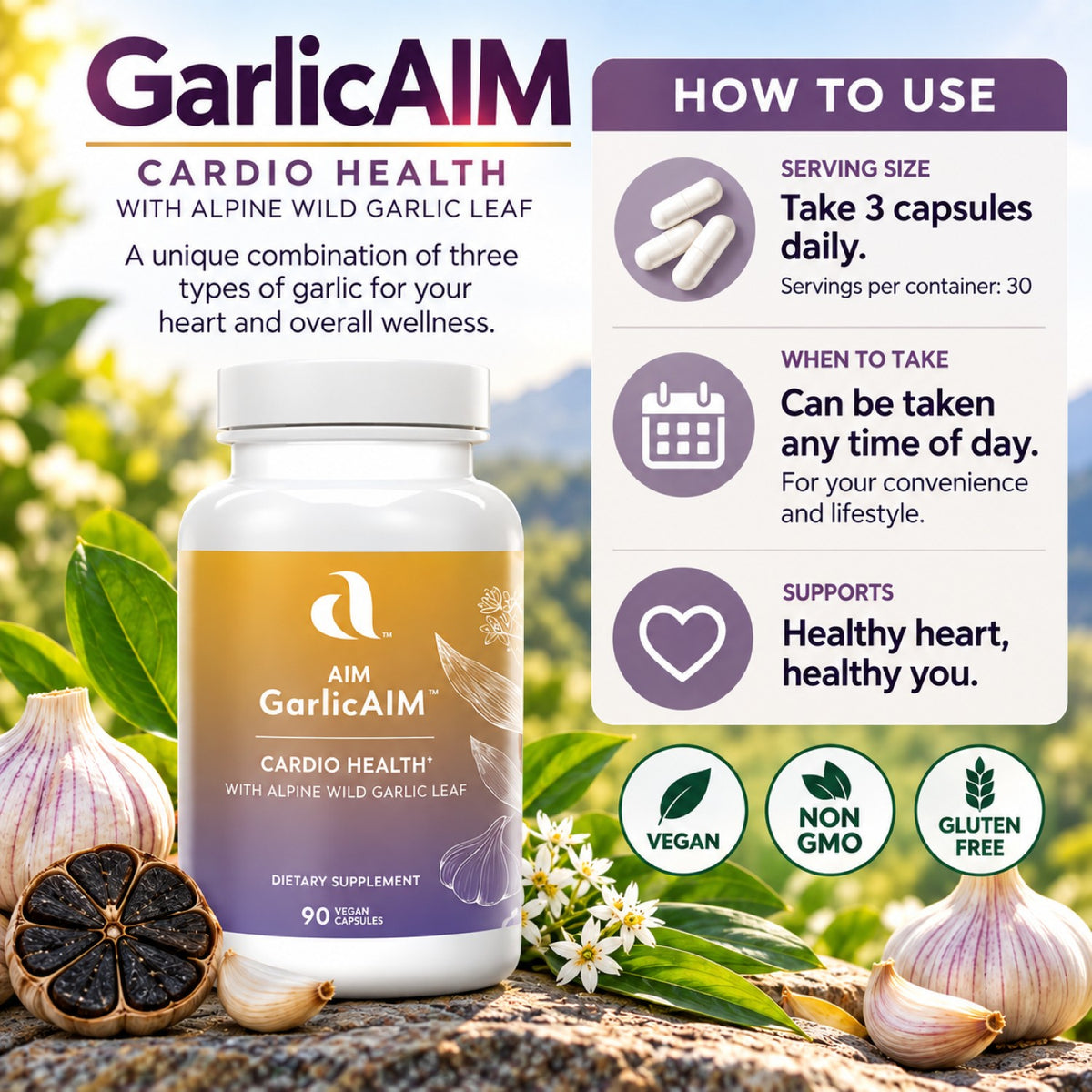 A bottle of Aim GarlicAIM Cardio Health dietary supplement is shown with garlic bulbs, garlic cloves, green leaves, and a white usage panel on a bright outdoor-style background. The bottle label is tan and purple, and the panel lists serving size, when to take, and benefits including vegan, non GMO, and gluten free.
