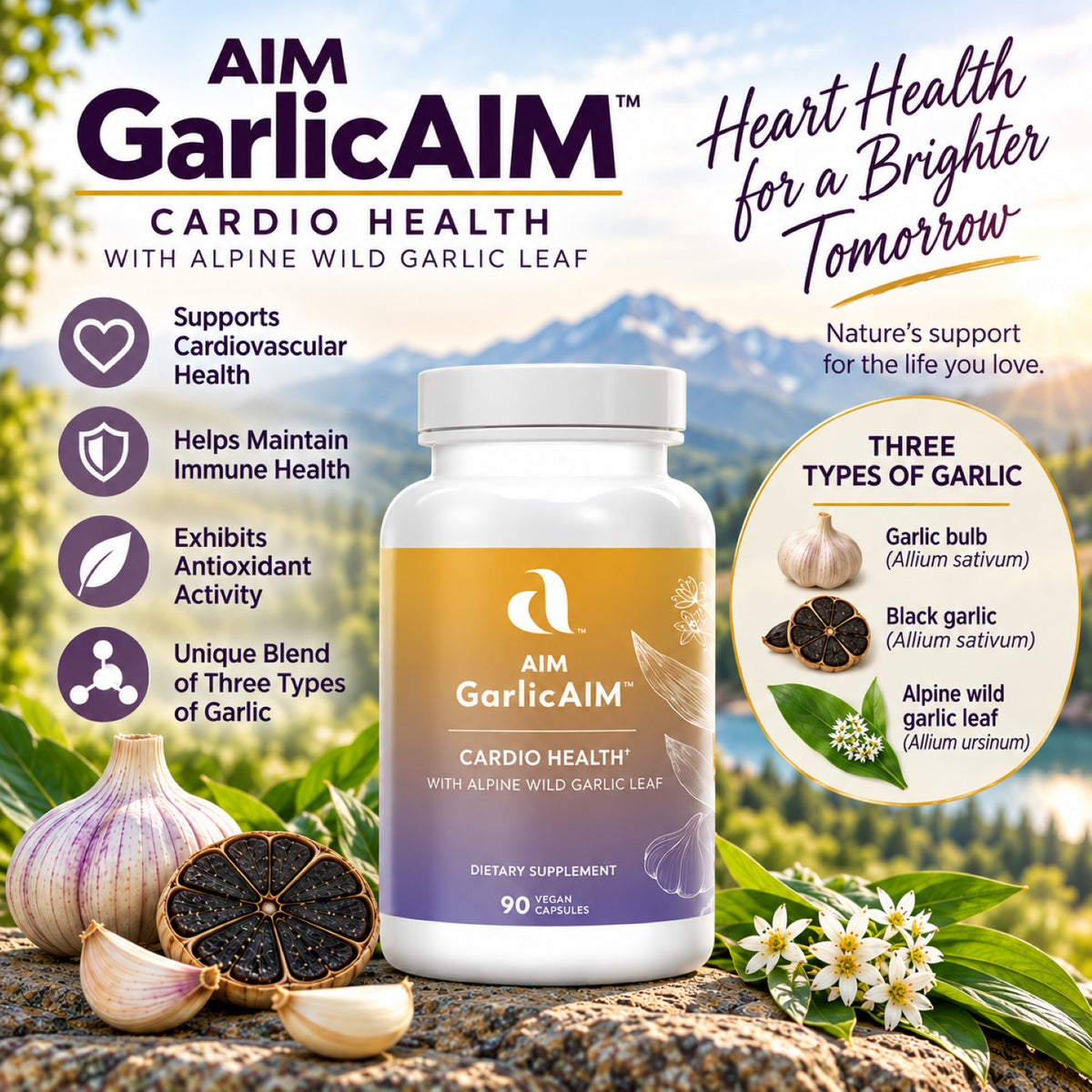 Aim GarlicAIM Cardio Health supplement bottle centered on a scenic outdoor background with garlic bulbs, cloves, flowers, and text callouts about cardiovascular and immune health benefits.