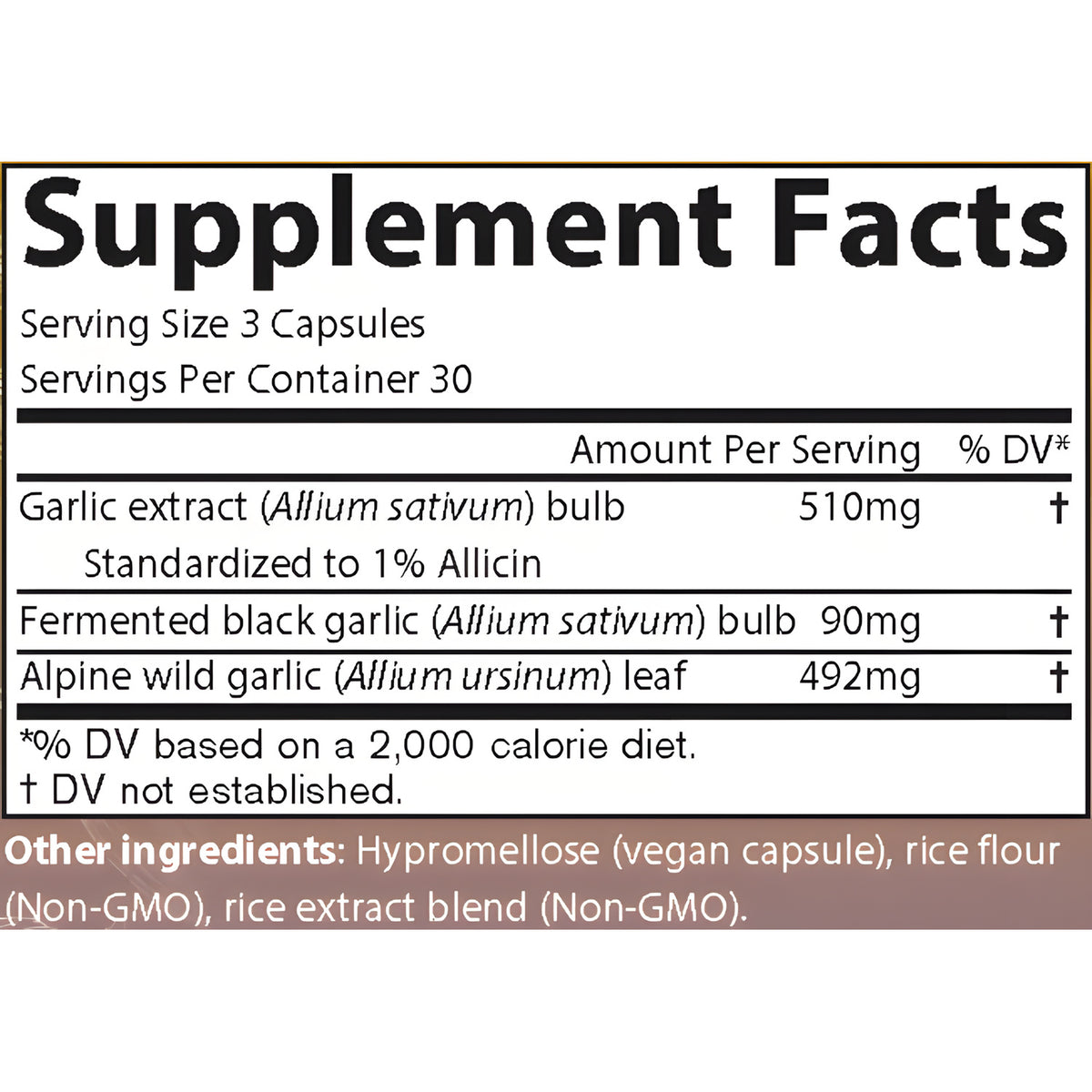 AIM GarlicAIM supplement facts label showing garlic extract, fermented black garlic and Alpine wild garlic leaf. 
