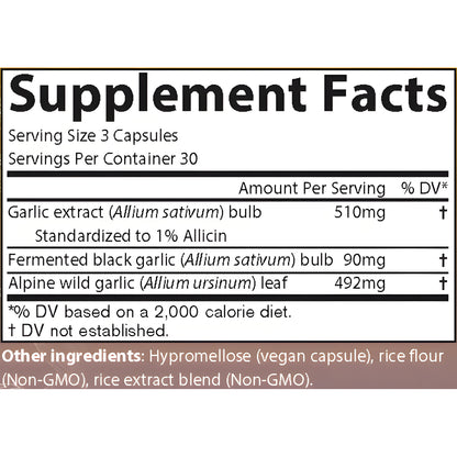 AIM GarlicAIM supplement facts label showing garlic extract, fermented black garlic and Alpine wild garlic leaf. 