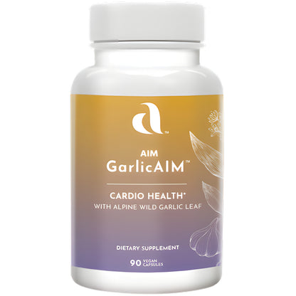 Aim GarlicAIM Cardio Health dietary supplement with alpine wild garlic leaf, in a gold-to-purple gradient label, shown on a plain white background.