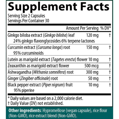 AIM GinkgoSense Supplement Facts label showing ingredients and serving information for a ginkgo biloba and curcumin extract supplement. The label lists amounts per serving for ginkgo biloba extract, curcumin extract, lutein, zeaxanthin, ashwagandha, ginger, and black pepper extract, with a teal section at the bottom listing other ingredients.