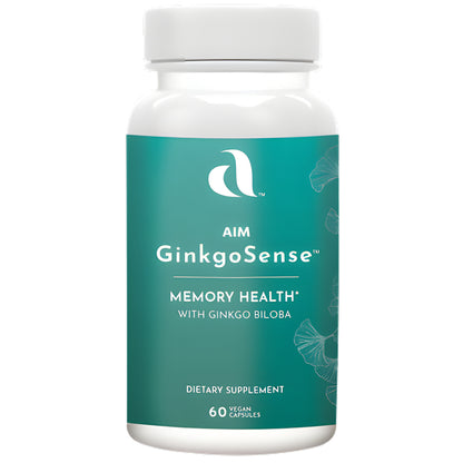 A white plastic bottle of Aim GinkgoSense dietary supplement with Ginkgo Biloba in a teal label, shown on a plain white background.