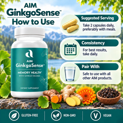 Aim GinkgoSense Memory Health dietary supplement bottle shown with usage callouts, serving suggestion, consistency, and pairing information, plus ginger, biloba leaves, and black pepper on a scenic outdoor-style background.